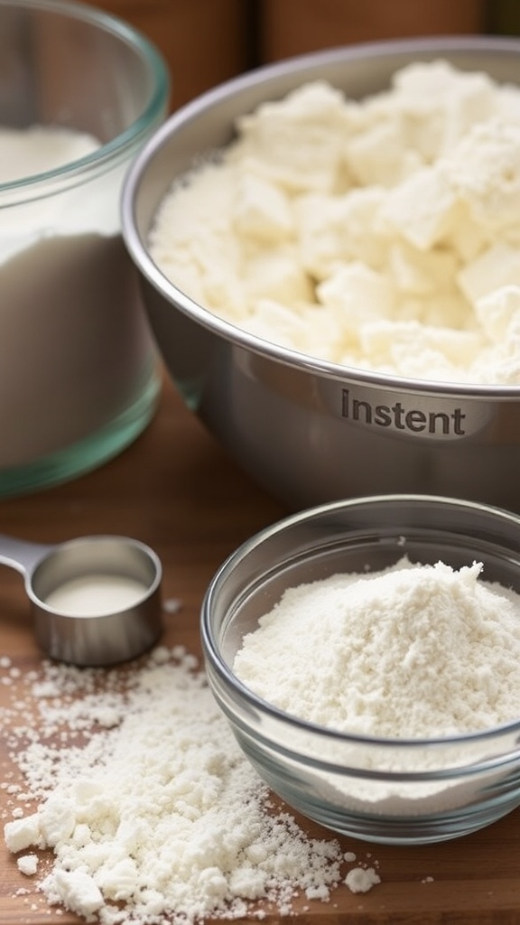 Instant dry yeast in a bowl with flour and baking tools in the background.